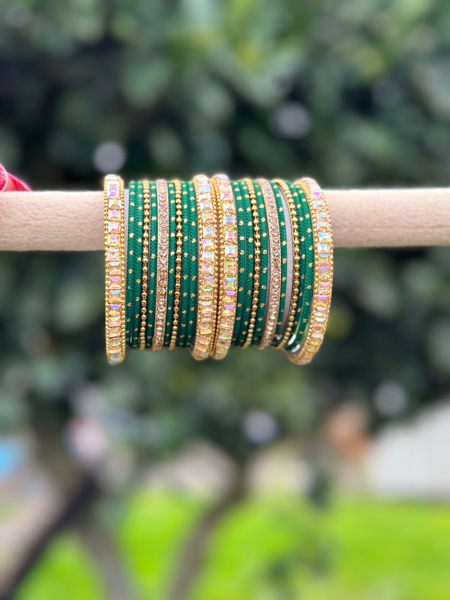 Green colour bangles with shiny golden kangan’s ( set of both hands )