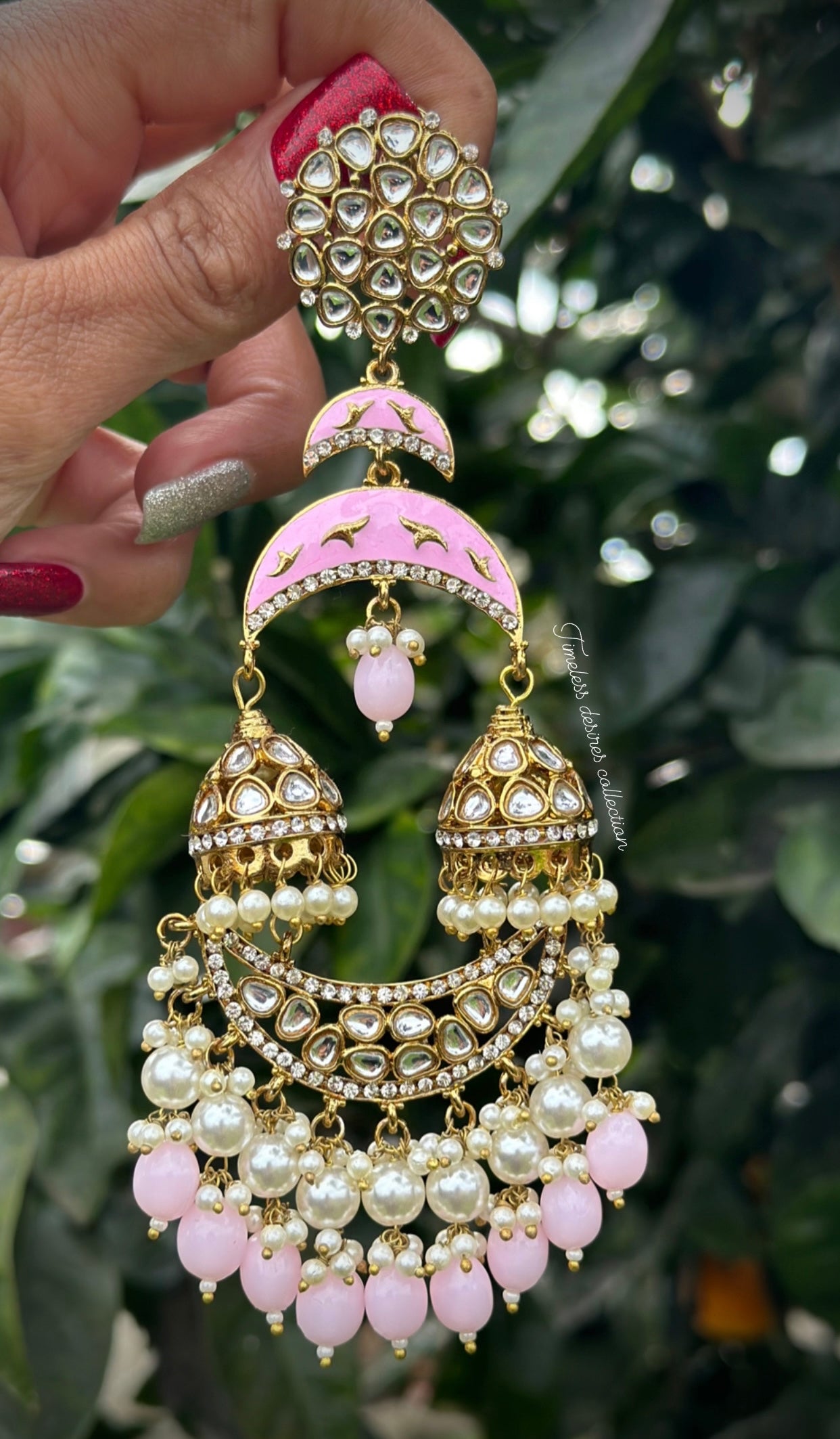 ( ITEM Code E-1 ) Baby pink colour jhumka drop earrings in Meenakari Kundan ( statement PC , High quality )