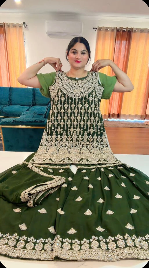 Party Wear Heavy Garara  suit on Georgette ( Colour: Bottle Green )