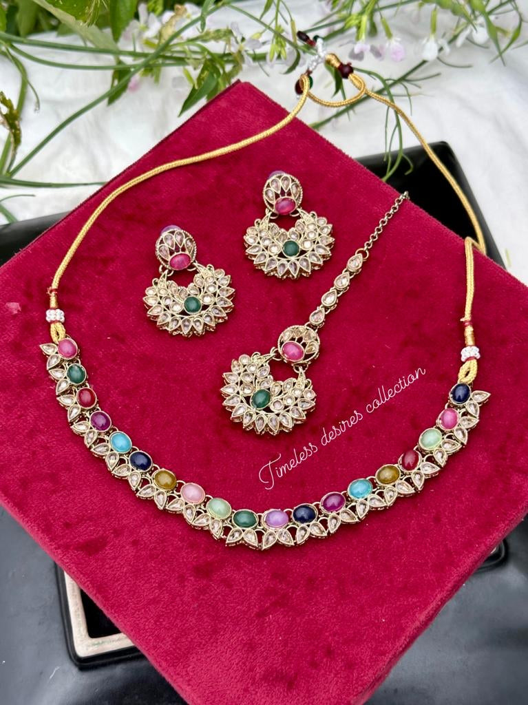 Multi coloured necklace set with earrings and tikka in Polki