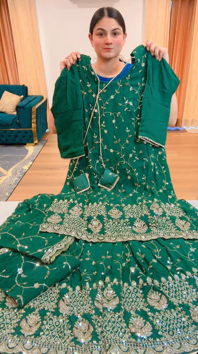 Partywear fully hand work sharara suit (Colour: bottle green), Code: 214 - To pre order this PC , Contact us on WhatsApp