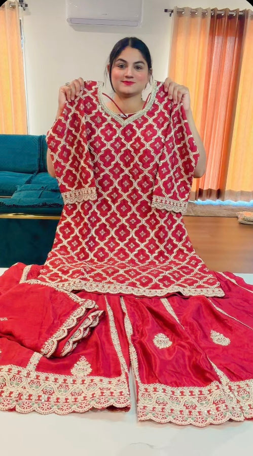 Party wear Sharara / Lahenga type suit on chinon ( Colour - Maroon ) Code: RS104
