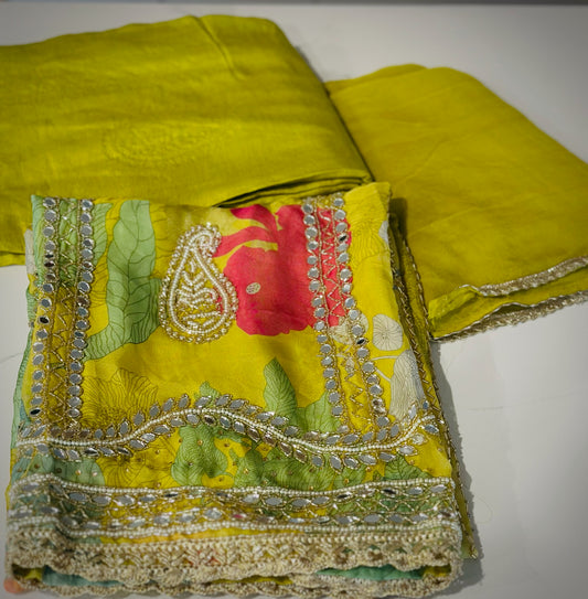 Unstitched mirror work on suit - shirt : organza , bottom : rayon , Duppata : chiffon ( colour - parrot green )