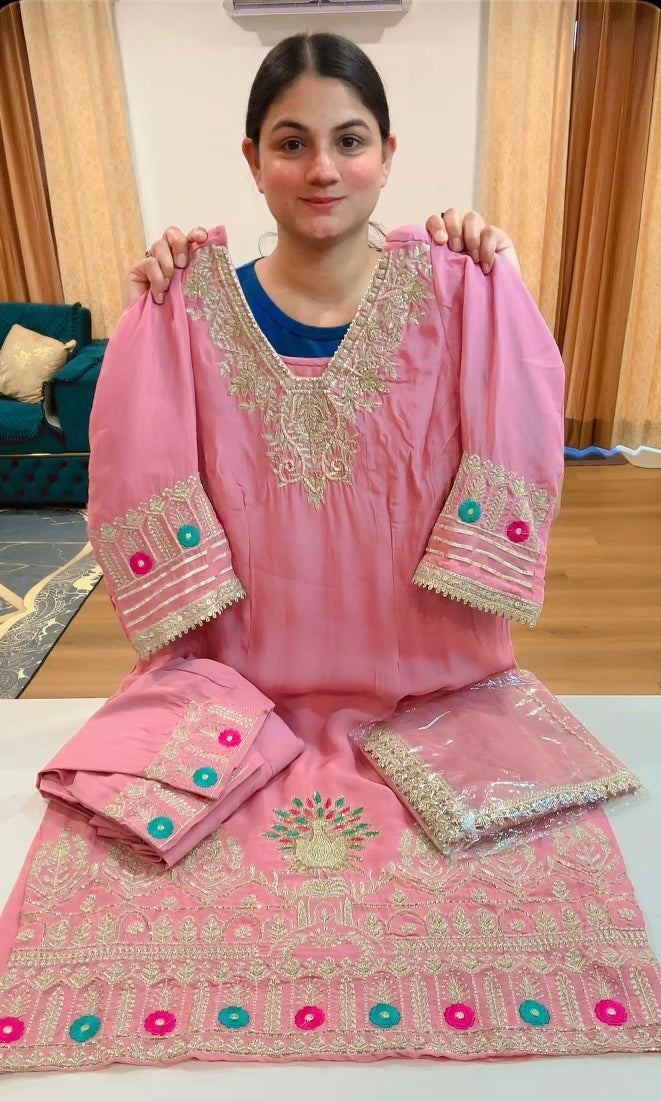 Partywear hand + tilla work suit (Colour: light pink), Code: 212