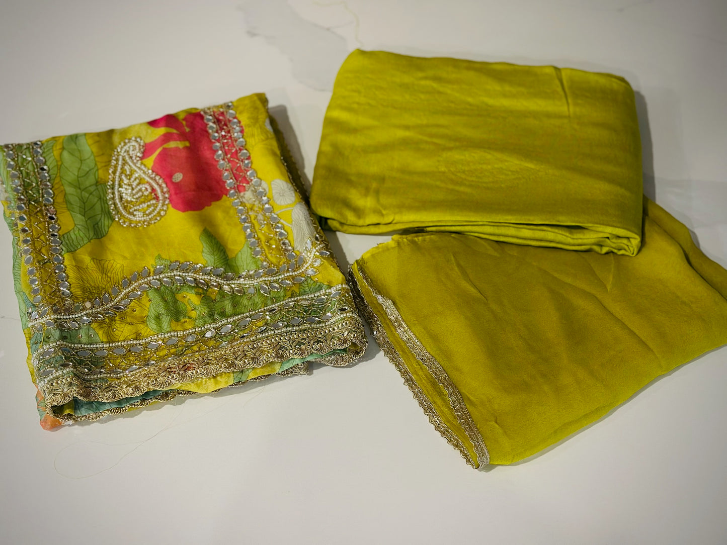 Unstitched mirror work on suit - shirt : organza , bottom : rayon , Duppata : chiffon ( colour - parrot green )