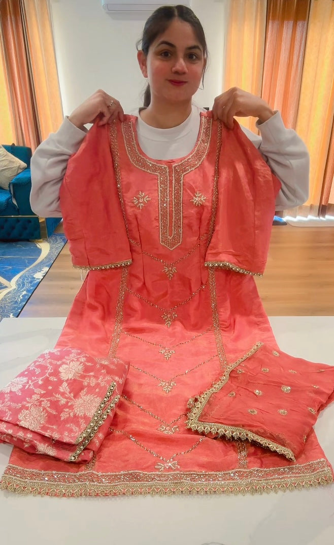Taking Preorders only, 3-4 weeks time. Gajri salwar suit on shimmer silk with Banarsi- ( Code: 666 )