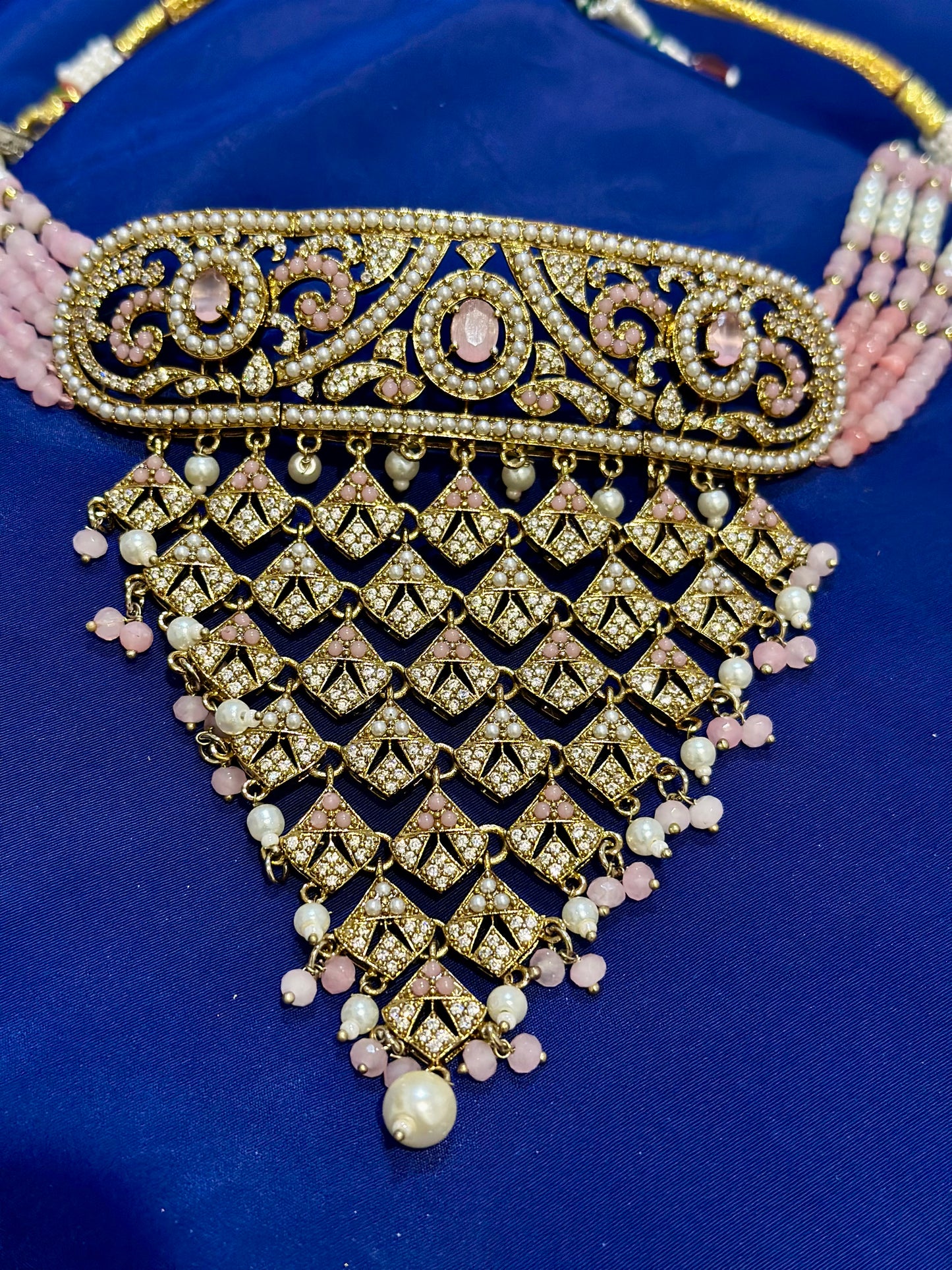 AD-Jadau Necklace set with earrings (Premium Quality), Colour: Baby pink, (Code: X12)