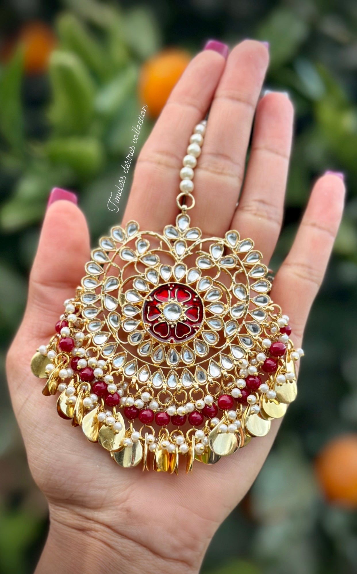 Maroon colour jhumka earrings and tikka set with pipal Patti in traditional jewellery ( Nimrat style 👌)