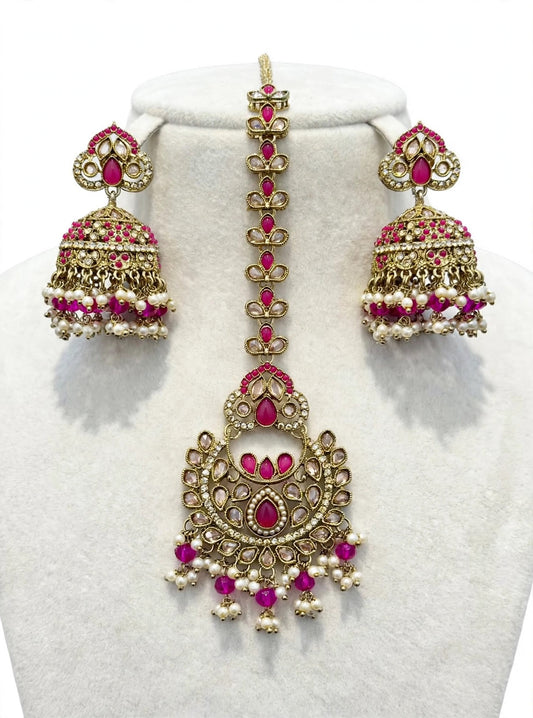 Earrings with tikka in polki, Colour: Pink, Code: 093