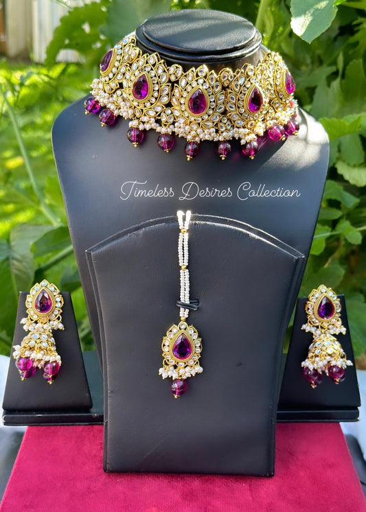 Purple choker / necklace set with Jhumka earrings in Kundan with antique polish