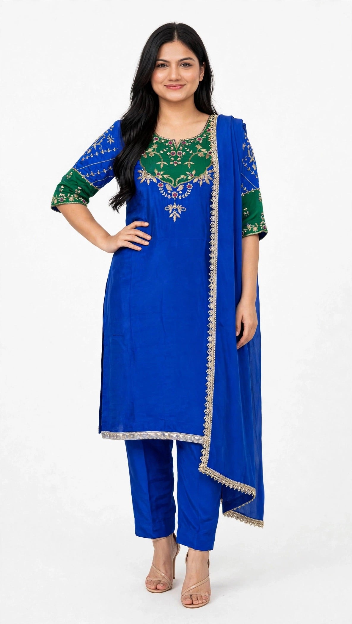 Royal blue + Green , Crape silk handwork suit with pant Plazo with lace enhanced Duppata - Code 076