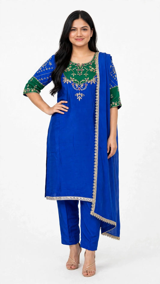 Royal blue + Green , Crape silk handwork suit with pant Plazo with lace enhanced Duppata - Code 076