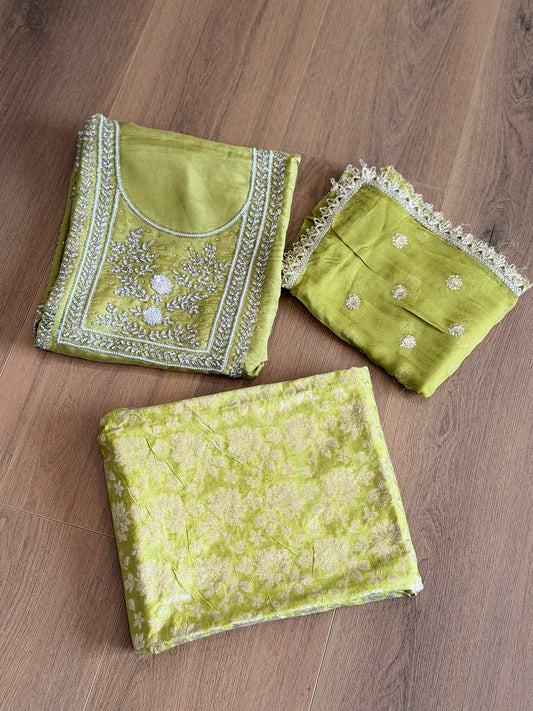 Unstitched handwork Suit - shirt: shimmer silk , bottom : Banarsi , Duppata : chiffon ( Colour- Mehndi )