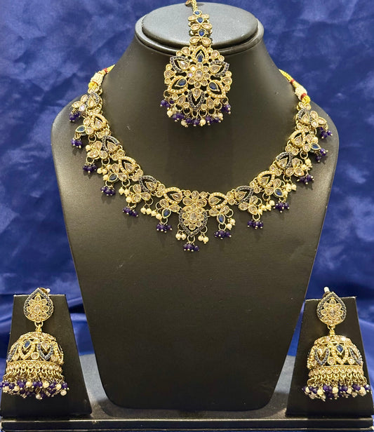 Necklace set with earrings and tikka in polki, Colour: Navy blue, Code: 084