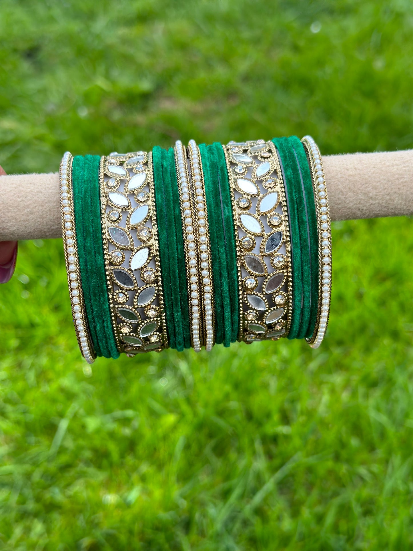 Green Bangles set in mirror with pearls ( set of both hands )