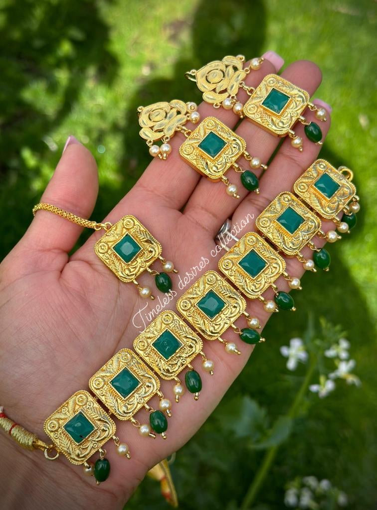 Gold Plated Punjabi Traditional Jewellery set in Green
