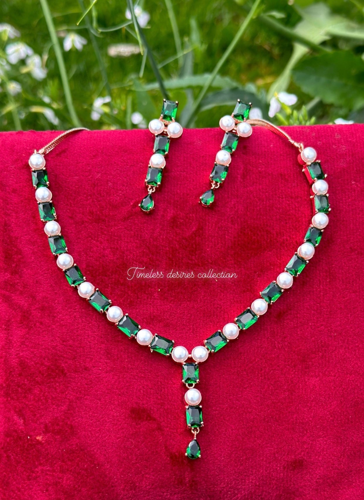 Green American diamond necklace set rose gold polish