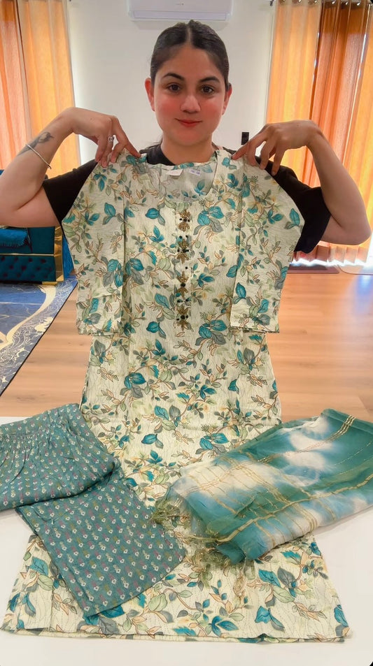 Readymade 3 pieces suit with sleek handwork on neckline, Dupatta: 1.8mtr, Colour: sea green, Code: 180