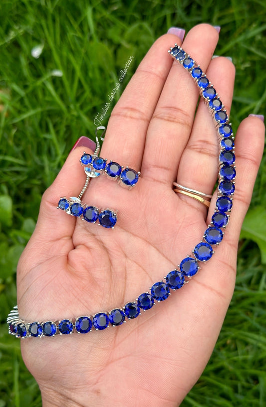 Blue American diamond necklace set  in silver