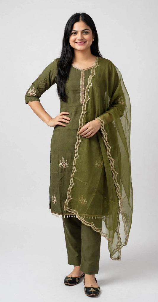 Burberry handwork semi party wear suit With pant in colour mehndi  - Code 268