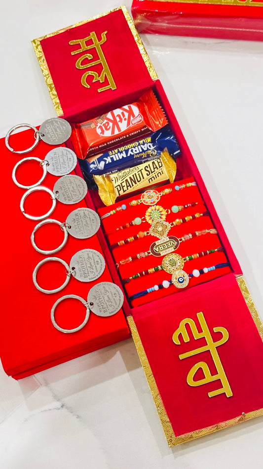 Family Rakhi Hamper bundle with Gifts - 6 Assorted Rakhdi + 6 Key Rings + Chocolates