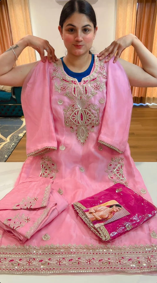 Party wear hand + tilla work suit (Colour: light + hot pink), Code: 190