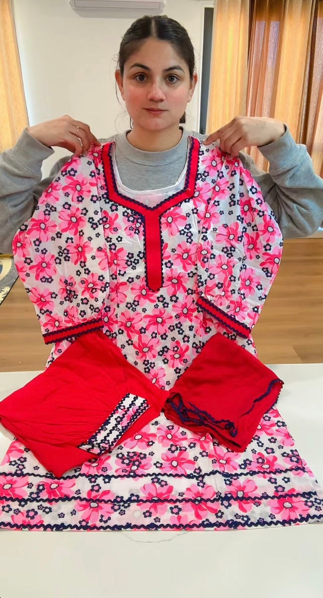 Cotton suit in red and pink colour, Code: 122