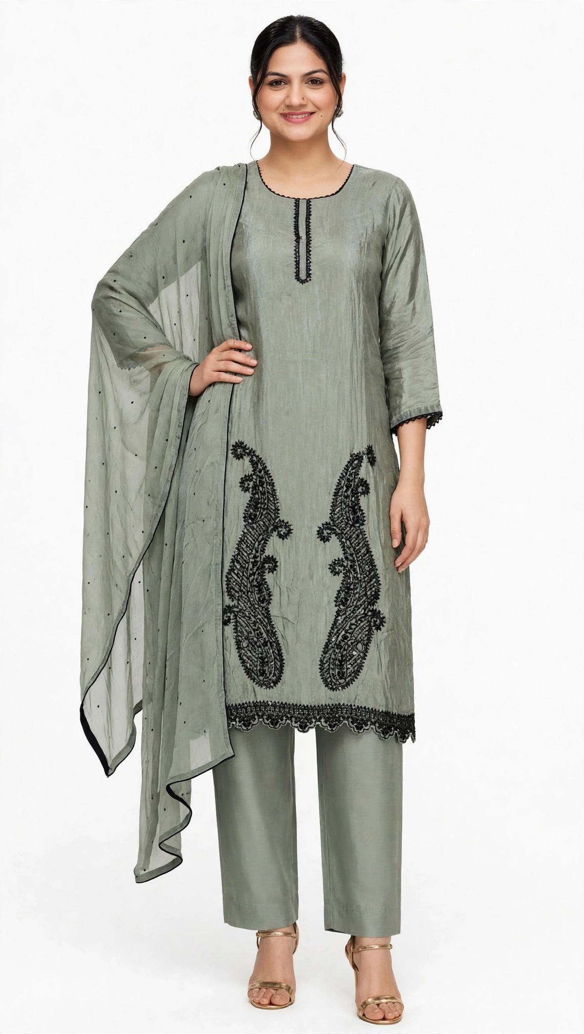 Sage Green suit on crape with pant Plazo with chiffon Duppata - Suit has black pearl beads work ( Code- 091 )