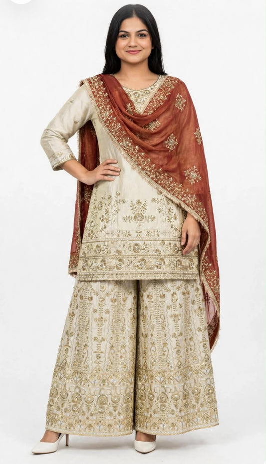 Boutique designer Heavy party wear Sharara / Lehnga suit in shimmer silk with heavy duppta - Colour : Beige + Rust ( Code : 377)