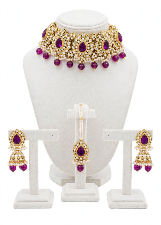 Purple choker / necklace set with Jhumka earrings in Kundan with antique polish- N39
