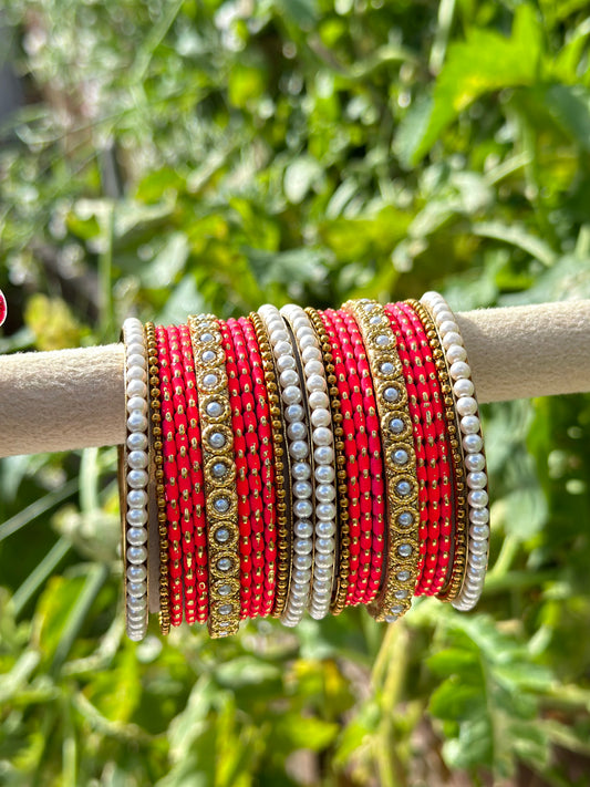 Carrot Red Pearl loaded bangles set ( both hands )