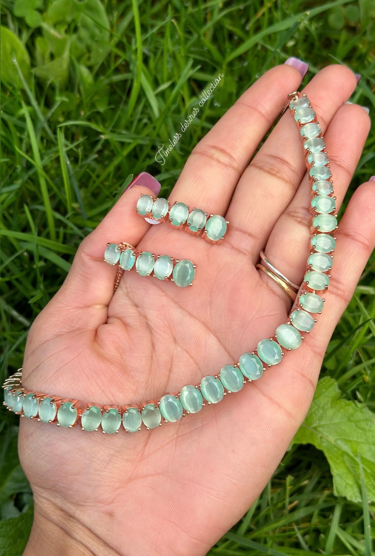 Mint green American diamond necklace set in rose golden