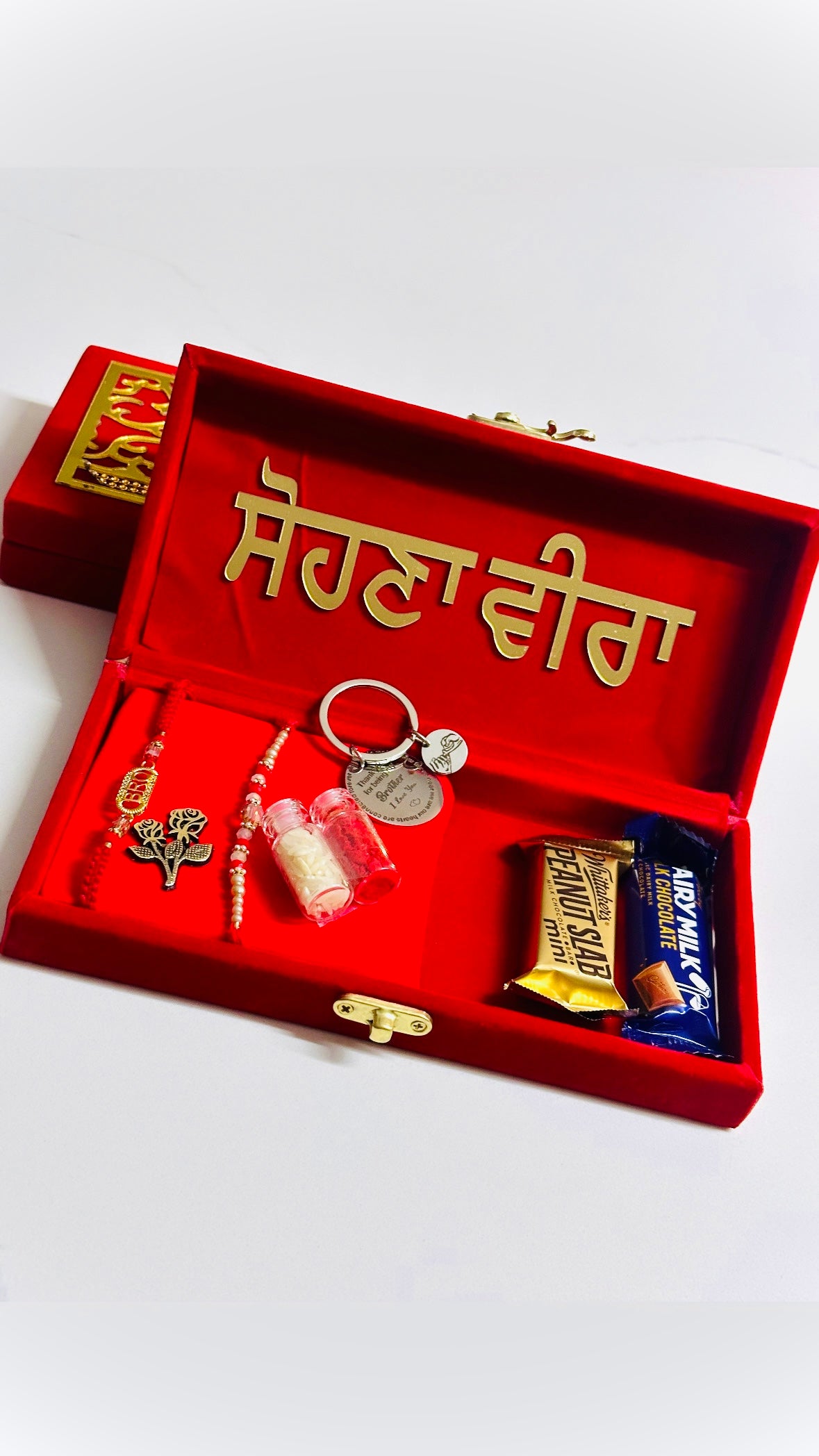 Rakhi / Rakhdi Gift Hamper Box with American Diamond Rakhdi and Gift - ( All in one with Assorted designs )