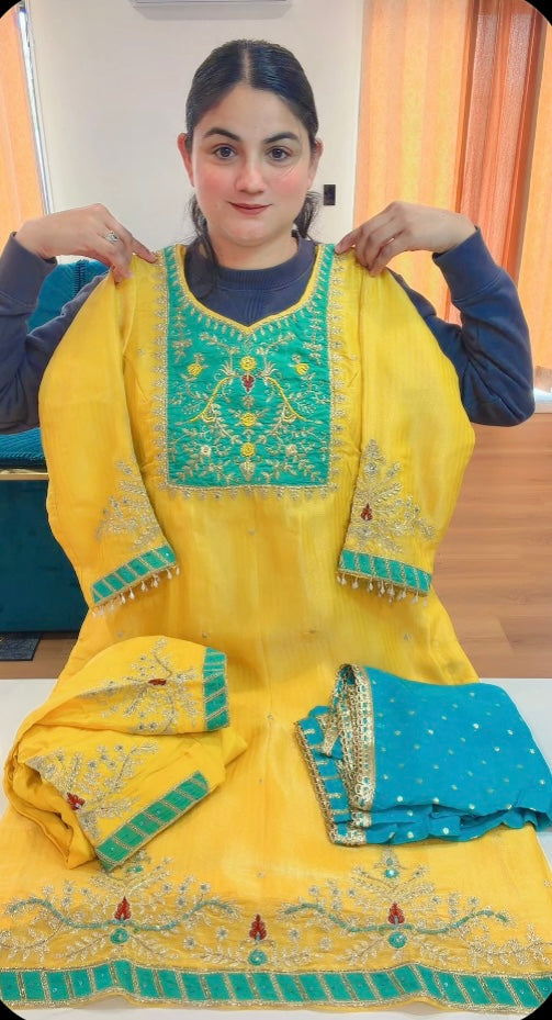 Party wear suit - ( Colour : Yellow + Sky ) Code - S104