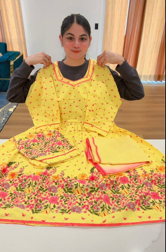 Yellow cotton Anarkali suit with salwar ( Code : C59 )