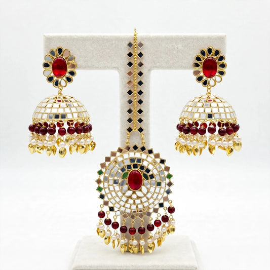 Maroon Jhumka Earrings and Tikka set in Mirror