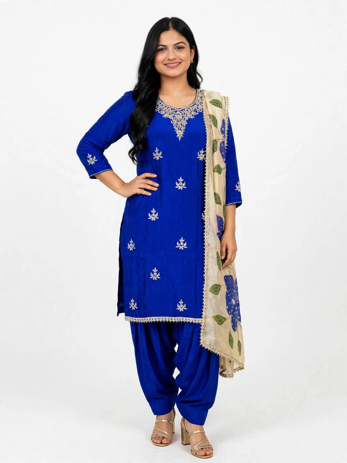 Partywear Royal Blue salwar suit on crape with designer block paint and embroidered Duppata - Code 097