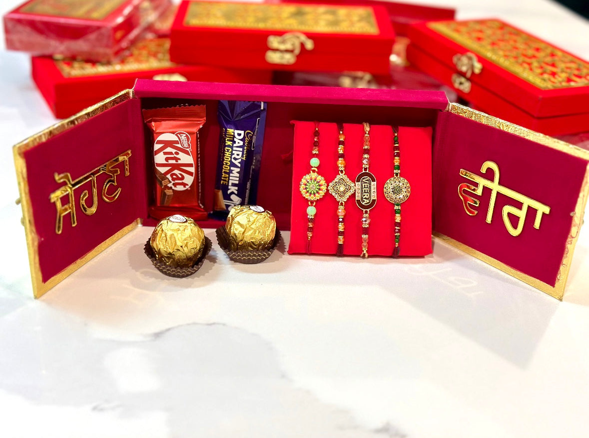 Rakhi Hamper Box with 4 Rakhdi and chocolates - Bunndle box (assorted designs)