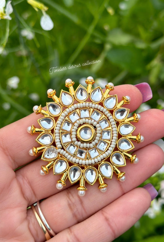 White & Golden Oversized ring in Kundan