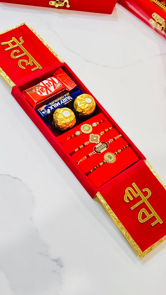Rakhi Hamper Box with 4 Rakhdi and chocolates - Bunndle box (assorted designs)