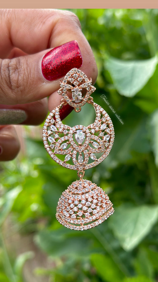American diamond Jhumka earrings in rose golden polish