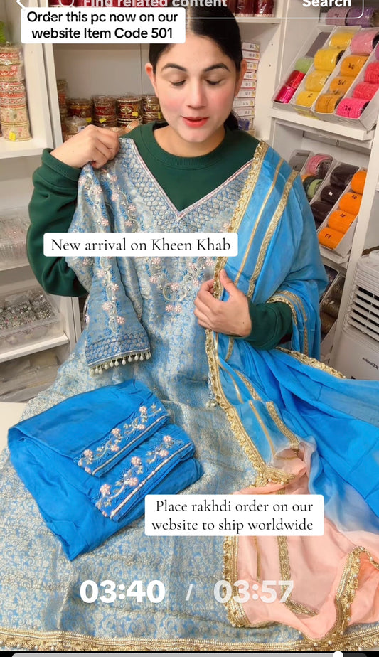 Punjabi suit handwork on Kheen Khab ( Item Code 501 )- colour powder blue- Taking pre order only