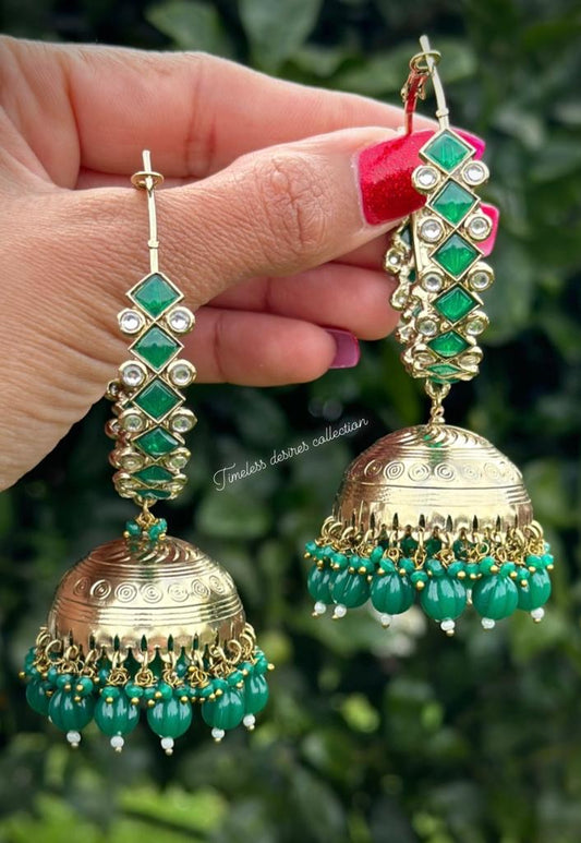 Green colour Jhumka waliya earrings in Polki & Kundan on copper base ( high quality )