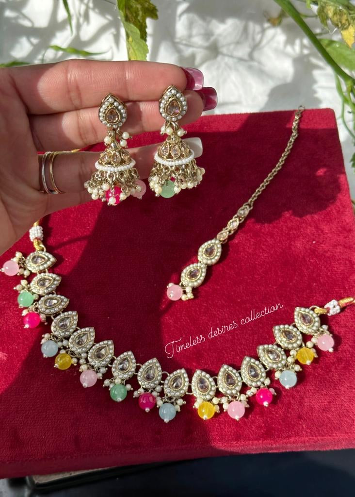 Multi coloured necklace set with earrings and tikka in polki