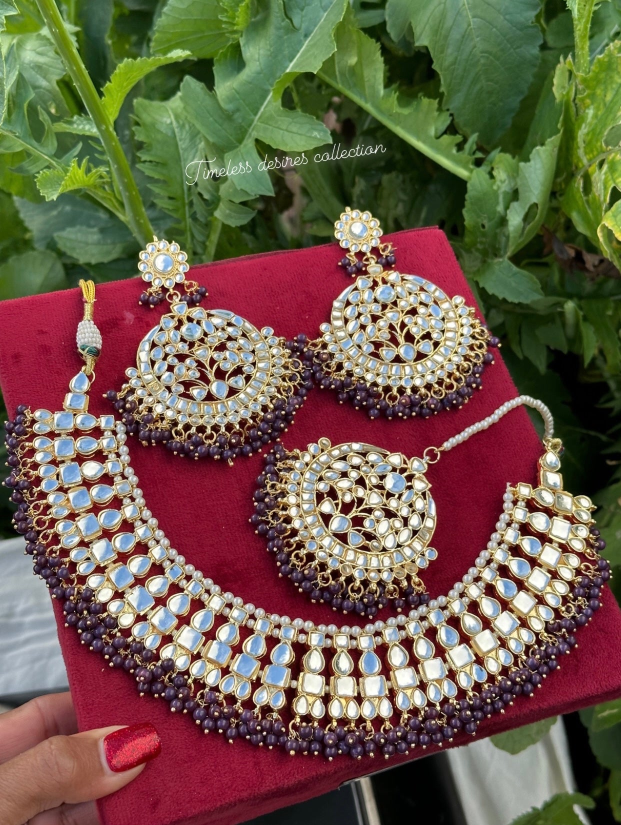 Purple Necklace / choker set in Kundan with oversized earrings and tikka ( high quality )