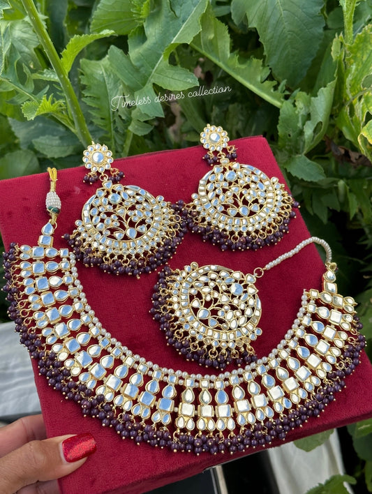 Purple Necklace / choker set in Kundan with oversized earrings and tikka ( high quality )