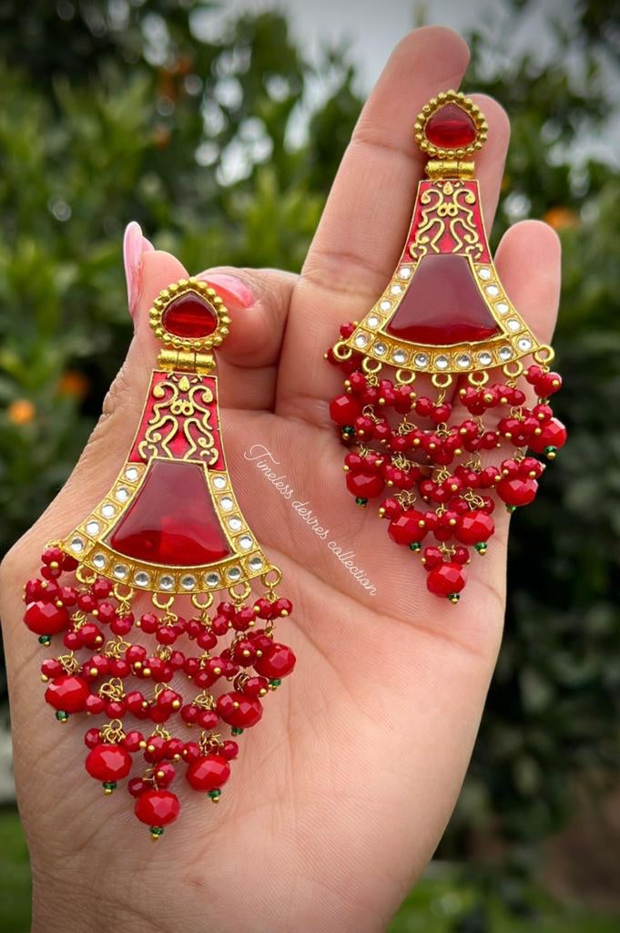 Maroon Meenakari Earrings with Monalisa stone in Gold Plating