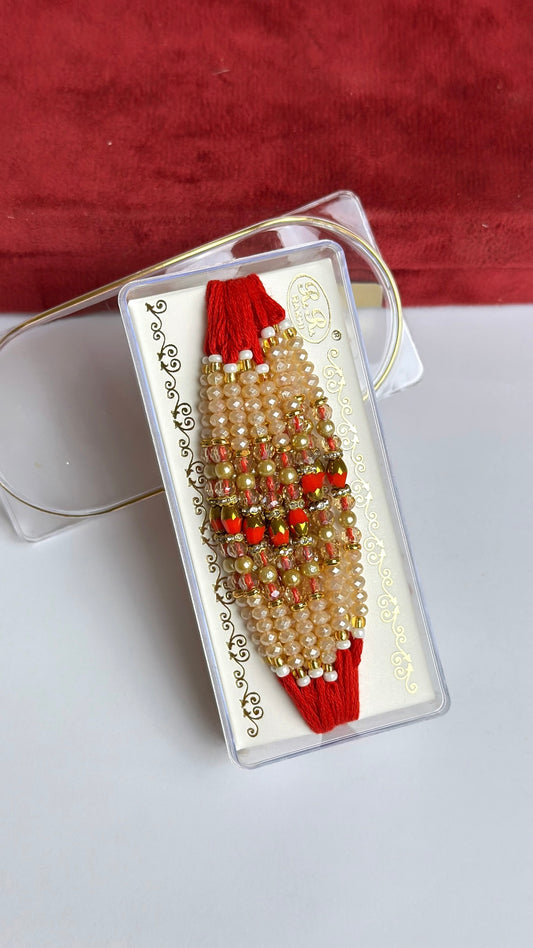 Golden and Red Pearl Loaded Rakhi / Rakhdi Thread in Bundle ( 12 PC set) - Code A52