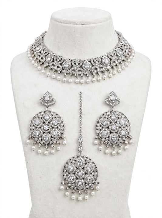 Silver necklace set with earrings and tikka- J25