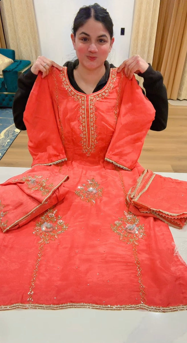 Handwork salwar suit - Colour : Carrot pink  ( Code: 631 )